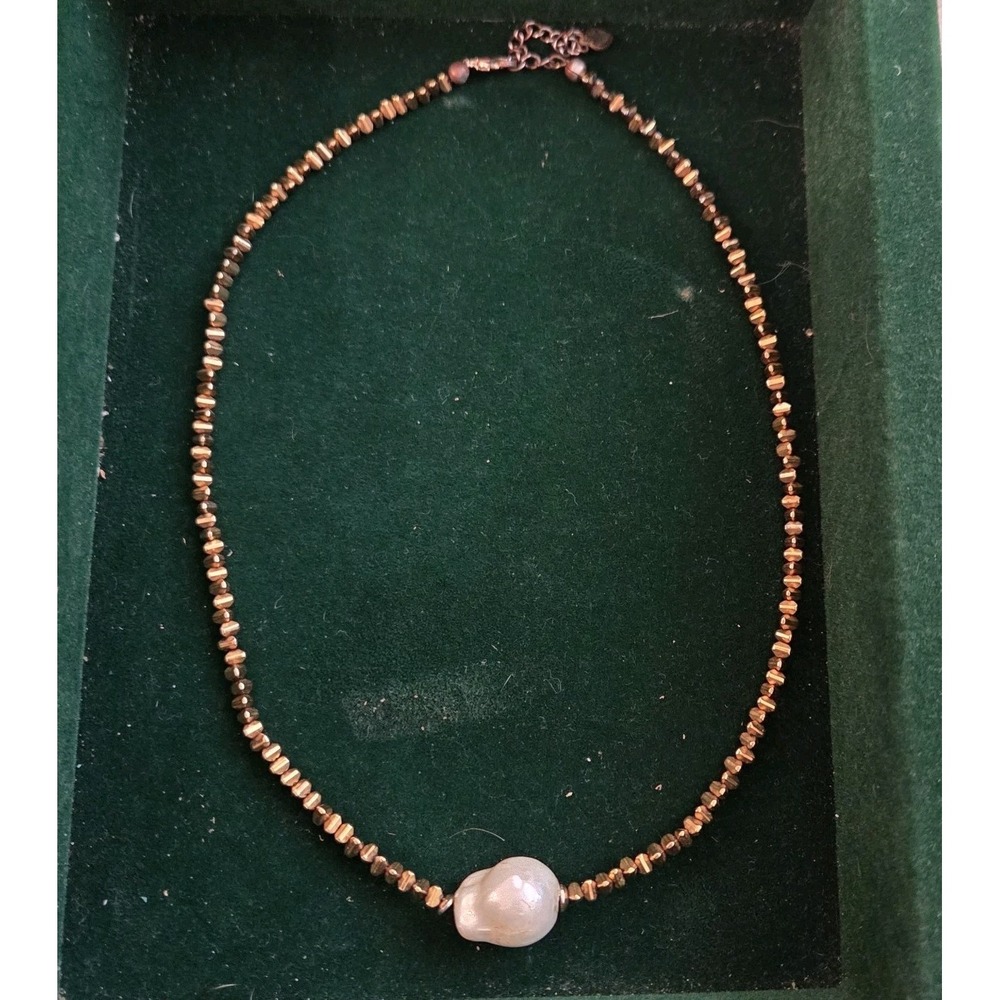 18K Gold Plated Beaded Choker with Centered White Baroque Freshwater Pearl